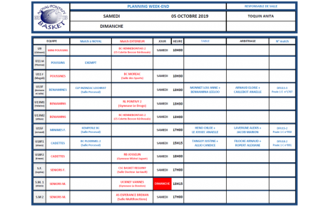 SAMEDI 5 et DIMANCHE 6 OCTOBRE 2019 - PLANNING DE SALLE