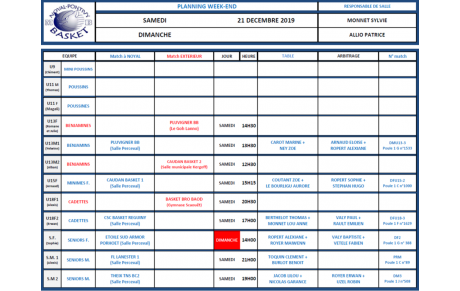 SAMEDI 21 ET DIMANCHE 22 DÉCEMBRE2019 PLANNING