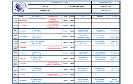 PLANNING SAMEDI 25 JANVIER 2020