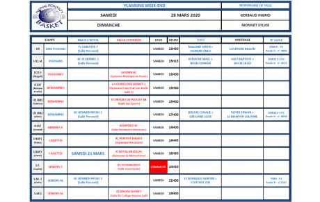 PLANNING SAMEDI 28 ET DIMANCHE 29 MARS 2020