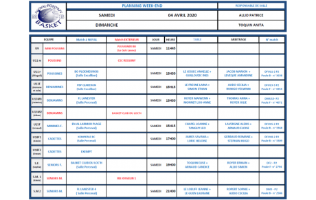 PLANNING SAMEDI 4 AVRIL 2020