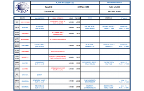 PLANNING SAMEDI 2 MAI 2020